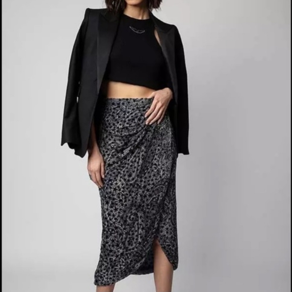 Zadig & Voltaire Black and Gray Midi Skirt